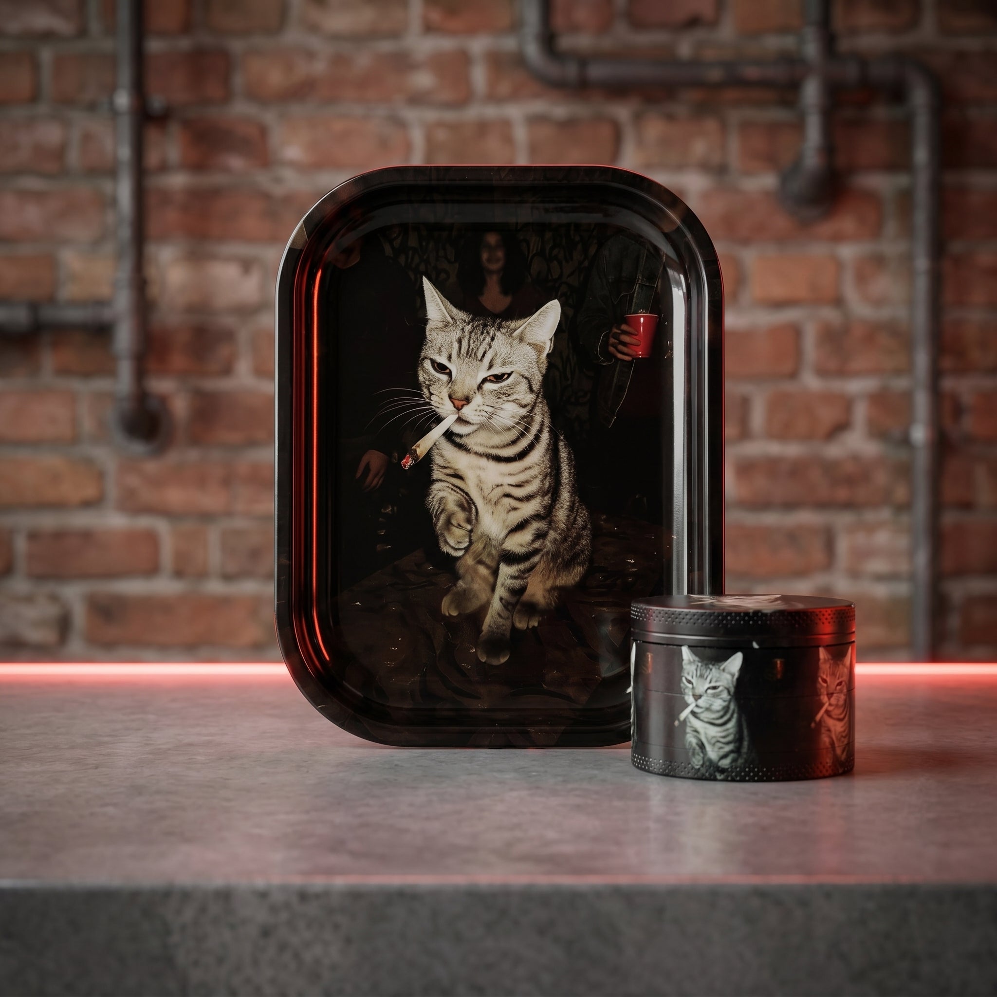 Funny Smoking Cat Rolling Tray Set, Black