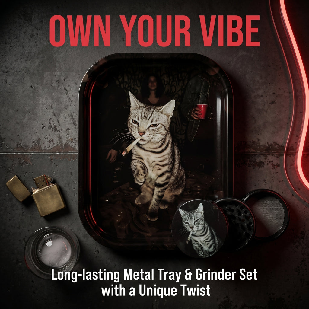 Funny Smoking Cat Rolling Tray Set, Black